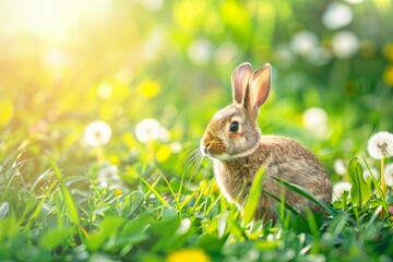 Easter festival day symbolized by a cute fluffy little rabbit playing in the grass in the morning, joyously running through a green garden in the sunlight.