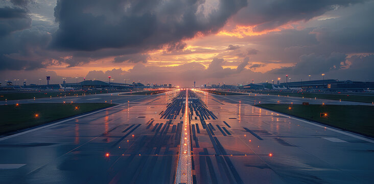 An airport runway, wet from rain, after sunset, futuristic airport with terminals on the left side in the distant background. Generative AI.