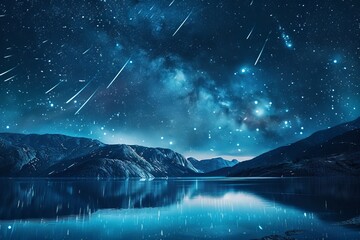 A beautiful meteor shower with the milky way in the background, a shooting star from space, and a landscape outside of the city.