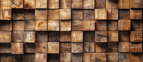 Wooden cube background: wall made of wooden blocks backdrop: three-dimensional sketch of cubes: collection of uniform cubes creating a level surface
