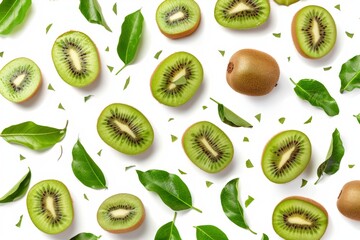 Fototapeta premium An organic kiwi with half slices floating or falling in the air with green leaves isolated on a white background.