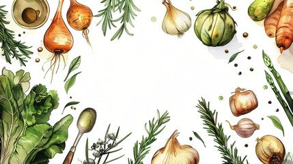 Watercolor illustration of fresh vegetables and herbs with white space in the center for text or design. Perfect for culinary and organic themes.