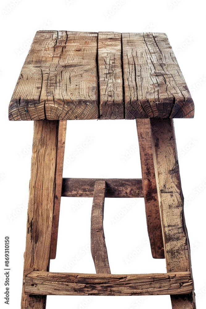 Poster a rustic wooden table with a piece of wood stuck in the surface, suitable for use as a prop or decor