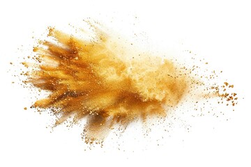 An explosion of golden gusts with shiny glitter on a white background, flowing shining light, a festive element for celebrations.