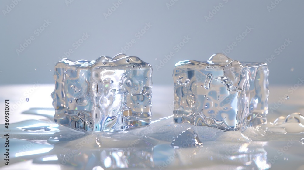 Poster two ice cubes sitting on a table surface