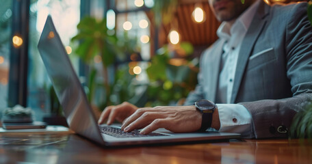 Businessman using laptop in in modern office.
