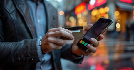 Businessman holding credit card and smart phone concept of e-commerce and online shopping.