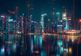 View of the evening New York City with the digital financial chart. A concept of professional financial services.