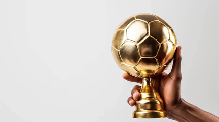hand holding golden soccer trophy on white background closeup view copy space high quality photography realistic photo empty blank mock front side view gold award cup hands