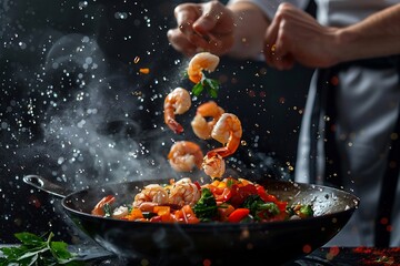 Chef Stir-Frying Shrimp and Vegetables in Wok