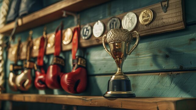 gold trophy on shelf old boxing gym surrounded vintage medal ribbons red gloves hanging wooden walls room filled retro decor creating nostalgic atmosphere epic victory celebration