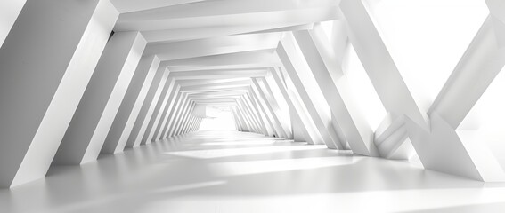 Obraz premium Long light corridor on white background. Futuristic Sci-Fi Triangle Tunnel. 3D rendering