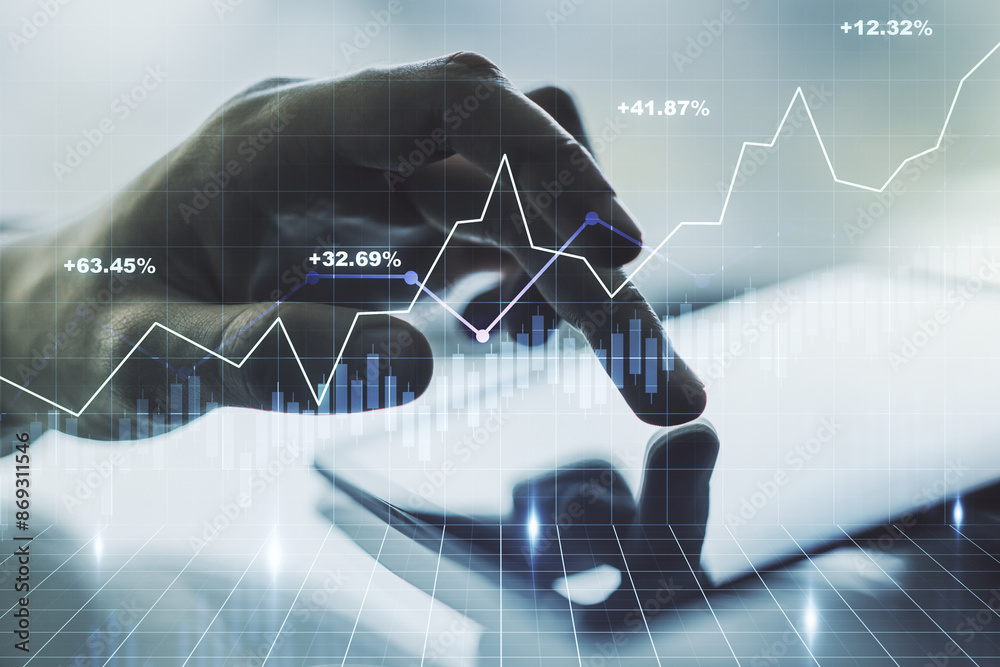 Poster double exposure of abstract creative financial chart with finger clicks on a digital tablet on backg