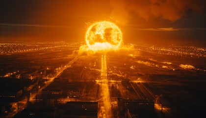 Fototapeta premium A massive fiery explosion is captured at night from a distant vantage point, highlighting the intense, chaotic beauty and devastating power of such an event in dark surroundings.