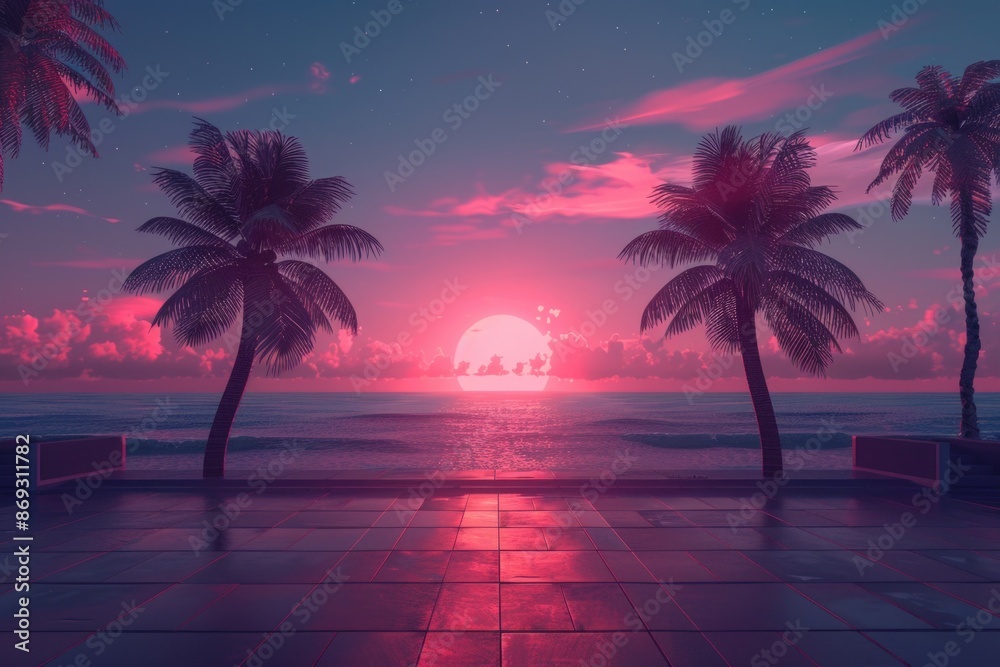 Poster a serene scene of sunset over the ocean with palm trees
