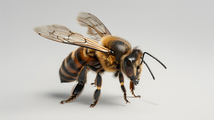 Honey bee traversing the clean white canvas, showcasing its intricate movements and unique charm. isolated on white background