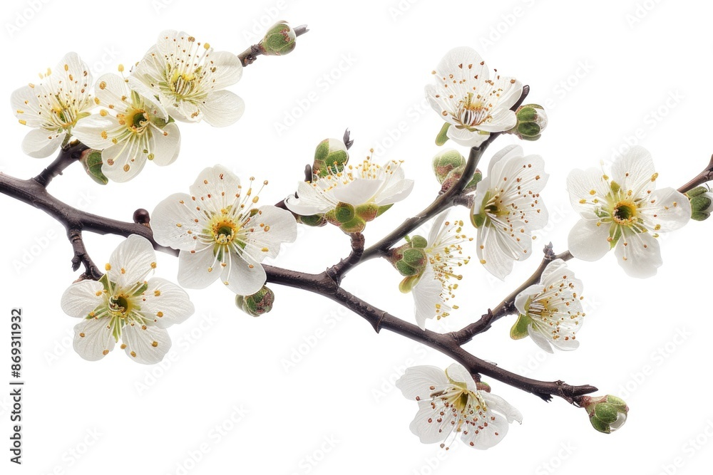 Poster Single stem of white flowers sits against a plain white background, ideal for adding context to text or design