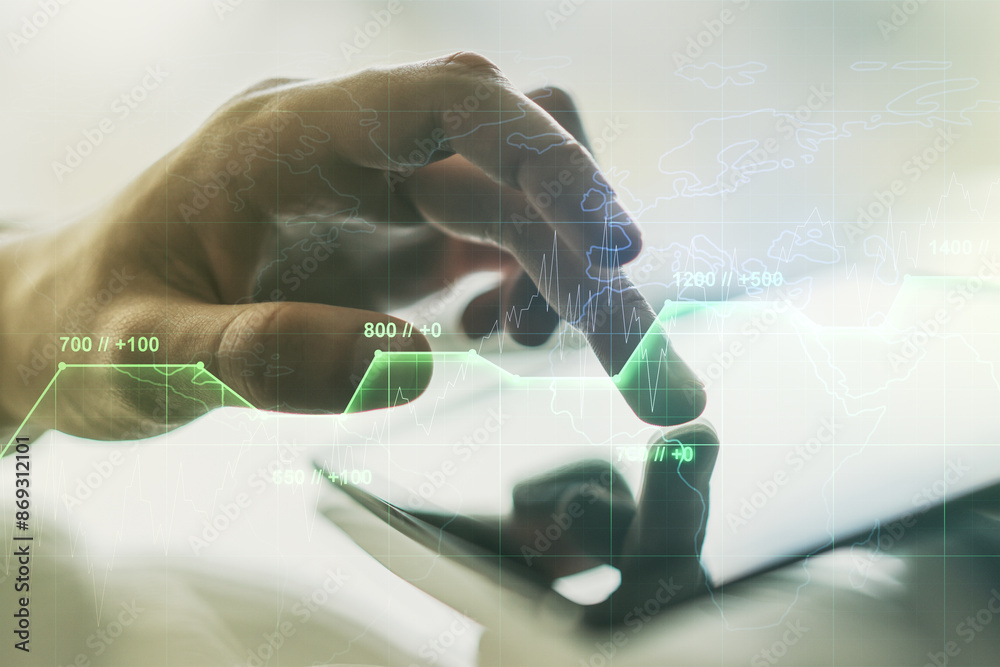 Poster Abstract creative analytics data spreadsheet with finger clicks on a digital tablet on background, analytics and analysis concept. Multiexposure