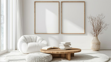 Minimalist living room with empty frames, white armchair, wooden coffee table, decorative branches, books, plush rug, natural light, peaceful ambiance.