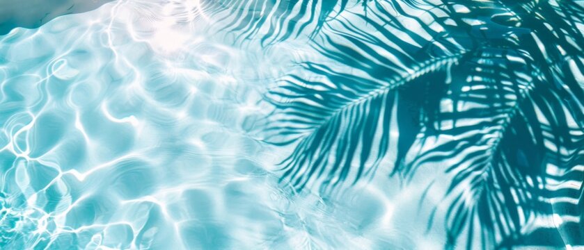 summer vacation holiday travel tropical background panorama - Close up of palm tree leaves and shadow in swimming pool water, illuminated by the sun - Powered by Adobe