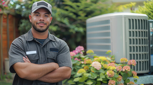A attractive HVAC technician posing next to a residential outside AC unit. Generative AI.