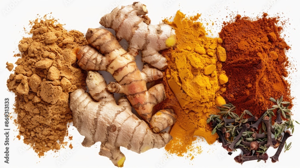 Poster a collection of various spices and herbs arranged on a white surface