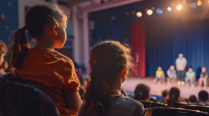 Parents watching their child perform on stage in a school play