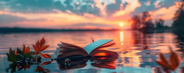 Book lover at lakeside close up, focus on, copy space vivid water, Double exposure silhouette with lake and books