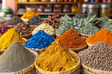 Fototapeta premium Colorful Spice Market Stall Baskets of Turmeric, Paprika, Cumin, Coriander, Saffron, and Ginger.