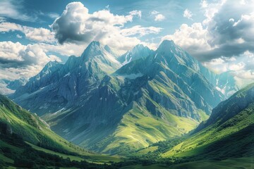 Fototapeta premium A scenic view of a mountain range with fluffy white clouds in the sky