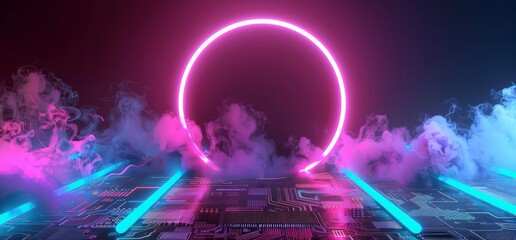 Obraz premium The 3D render of this sketch illustrates a futuristic looking silver colored metallic schematic texturing a textured mother board floor and a realistic blue and purple neon shape filled with power.