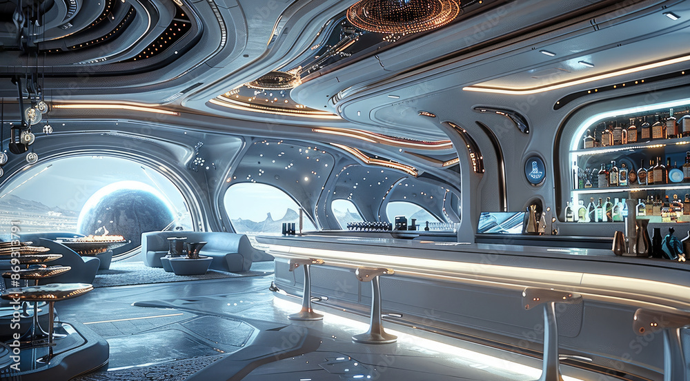 Poster A futuristic bar on a spaceship. Generative AI.