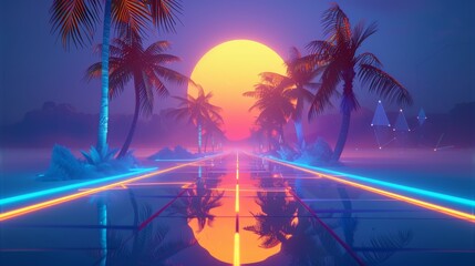 Background of a neon videogame landscape with an 80s retro futuristic sci-fi feel.