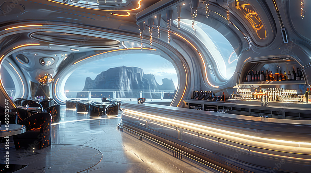 Poster A futuristic bar on a spaceship. Generative AI.