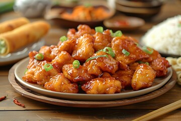 Crispy Sweet and Sour Chicken with Glazed Sauce and Green Onions