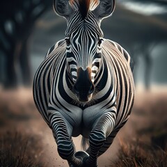 Naklejka premium a zebra running in the field, sharp focus on the eyes and mouth, detailed fur texture, jungle background
