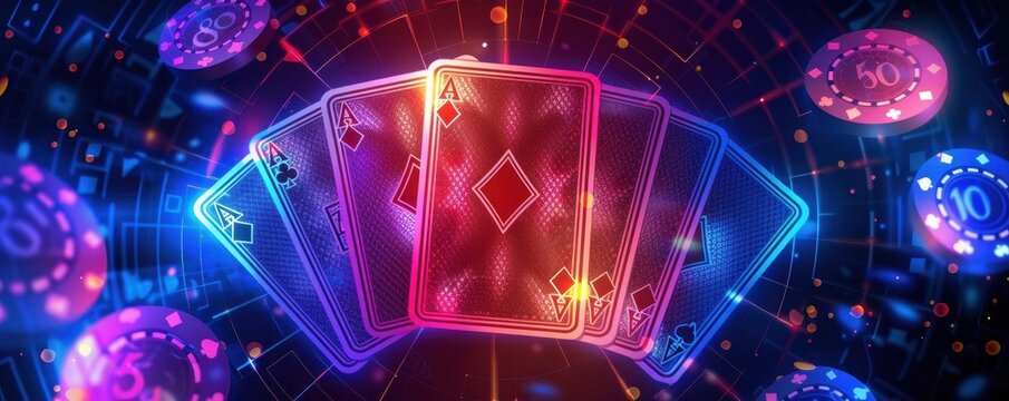 Colorful neon playing cards and poker chips in a futuristic digital casino setting, creating an exciting and dynamic mood.
