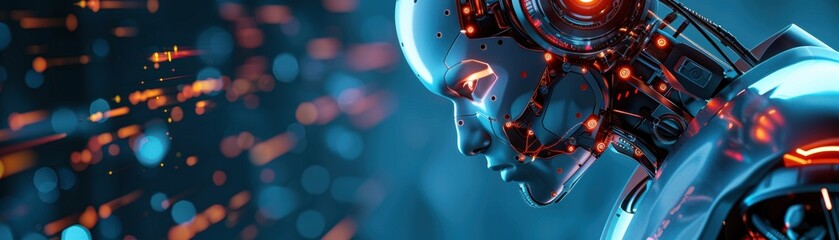 Fototapeta premium Futuristic robot with glowing circuit in blue and orange light, representing advanced technology and artificial intelligence in a vibrant scene.