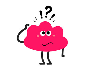 Vector cartoon illustration of cute abstract cloud shape think character with question and exclamation mark on white background. Flat style child doodle design of monster. Kid character with question