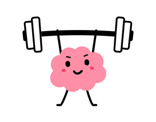Vector cartoon illustration of strong happy brain character lift barbell on white color background. Flat doodle style design of smile healthy brain exercise with weight