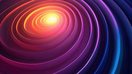 Obraz premium Vibrant abstract image of concentric circles with a glowing center, featuring shades of purple, orange, and blue creating a visually captivating effect.