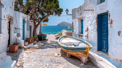 Fishermen in Goupa village on Kimolos Island in Greece store their boats in houses.