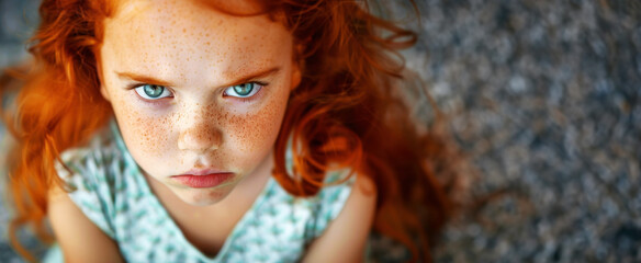 little ginger girl with red hair and freckles pouts at the camera, her expression is serious and angry, she has green eyes, wearing a light blue dress. With copy space.