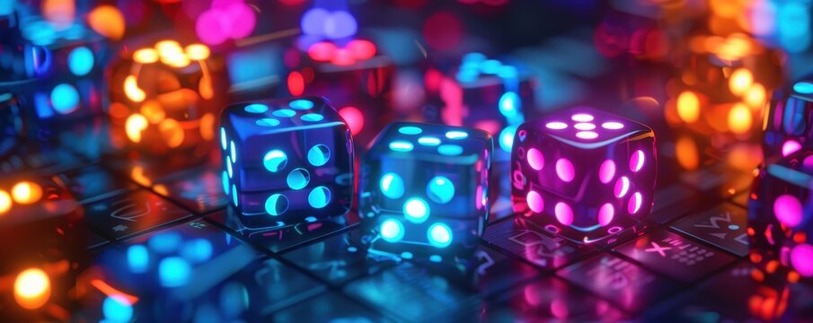 Vibrant neon dice on a board game, showcasing bright lights and colorful scenes, perfect for gaming and entertainment concepts.