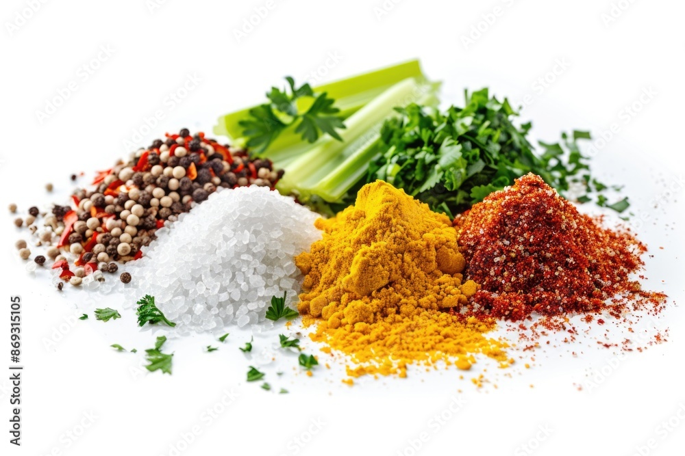 Poster a selection of various spices and herbs arranged on a white surface