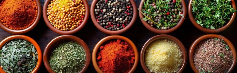 Dried Herbs and Spices in Bowls Red Paprika, Thyme, Black Peppercorns, White Peppercorns