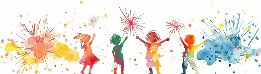 Naklejka premium Joyful children silhouettes with colorful fireworks and splashes, celebrating in a festive atmosphere with vibrant colors and excitement.
