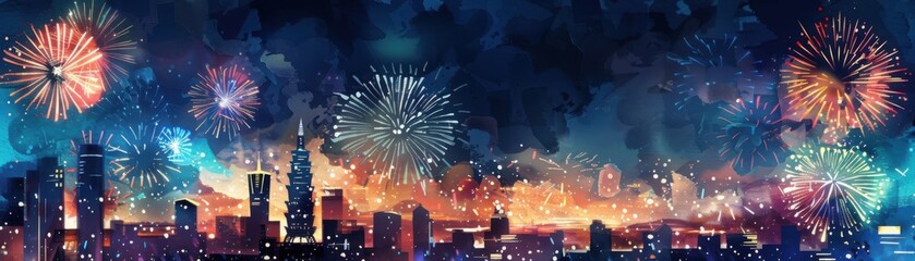 Fototapeta premium Spectacular fireworks light up the night sky over a city skyline, celebrating a special event with vibrant colors and an exciting atmosphere.