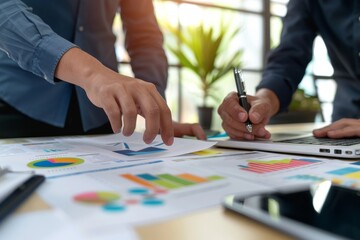 The businessman uses a pen and the businesswoman uses a notebook with stocks, cryptocurrency computer and laptop with Explains Trade shares. Profit from crypto in 2018.