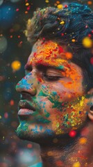 Man with colorful powder on his face during Holi